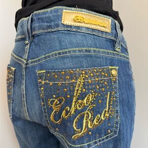 Ecko Unlimited Women's Blue Denim Bootcut Jeans with Gold Studs